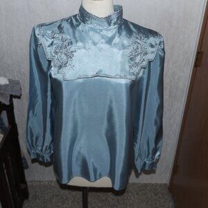 Women's Nilani Cornflower Blue Back Button Blouse High Neck Yoke Front 9/10